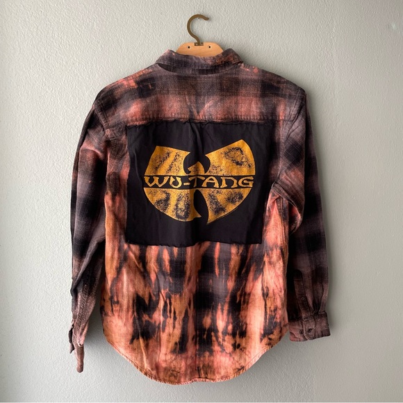 🦞3/$30🦞 Reworked | Wu-Tang Clan Bleach-Dyed Plaid Button Down Shirt - Picture 2 of 5